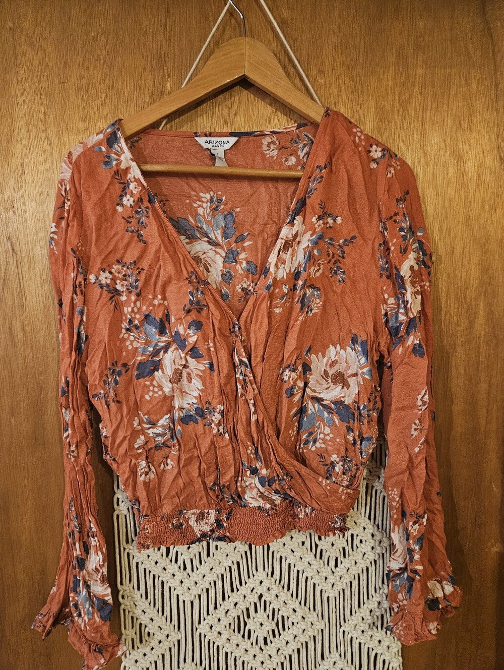 Arizona Jean Company Rust Floral Wrap Top with Blue and Cream Accents - Picture 1 of 5